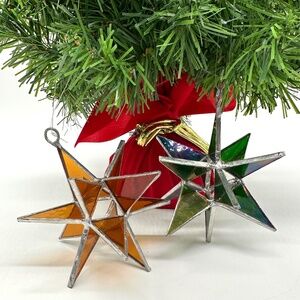 Set of 2 Stain Glass Moravian Star Ornaments Green & Orange Glass Metal
